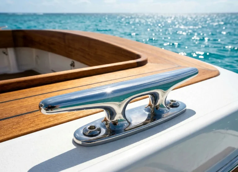 Mirror-polished stainless steel marine cleat installed on a boat deck.